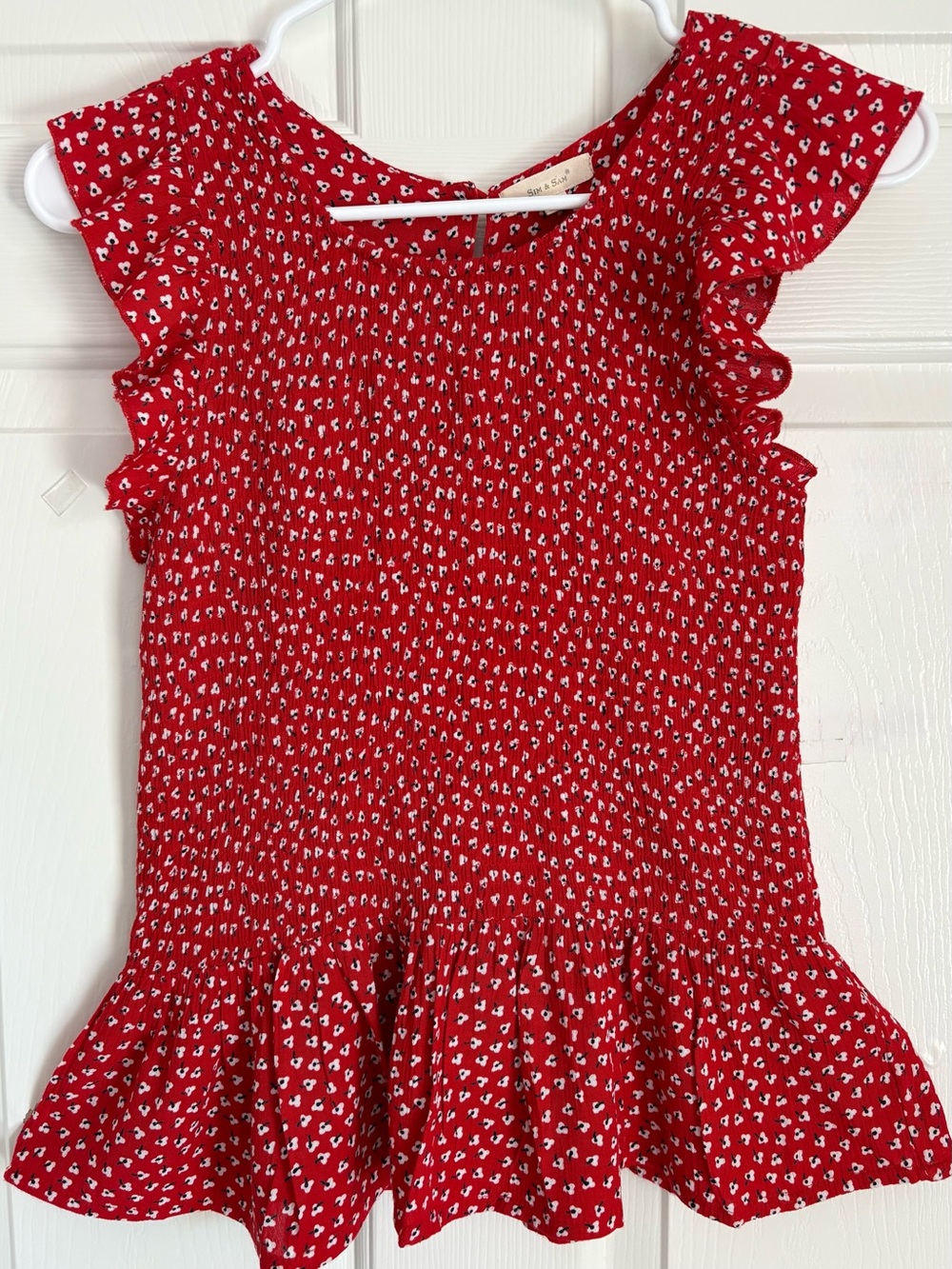 Sim & Sam Red Floral tag M fits Small Ruffle Sleeve Peplum blouse Gauze 3 button